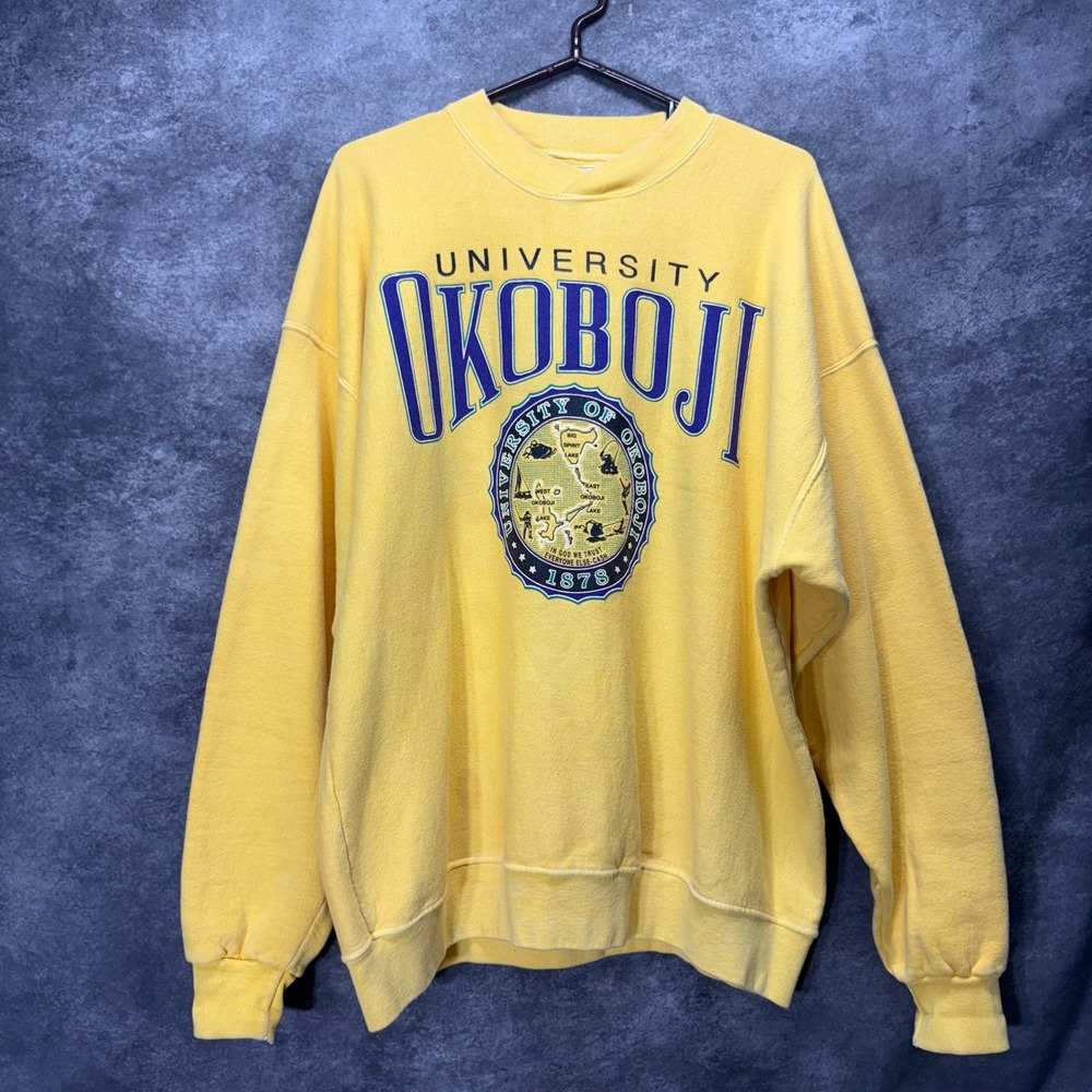 Vintage University of Okoboji Galt Sand Yellow Graphic Sweatshirt Size XL Crest